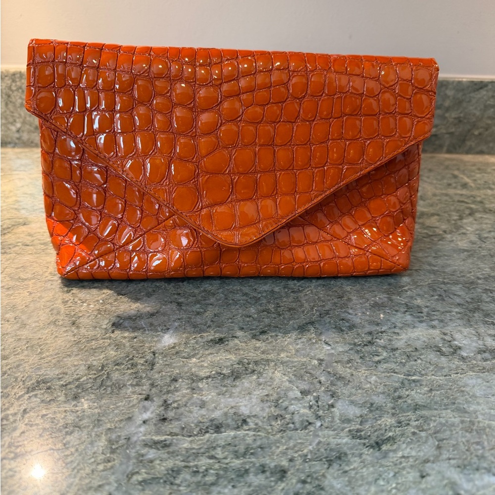Dries Van Noten Orange Patent Croc-Embossed Leather Envelope Clutch - Women